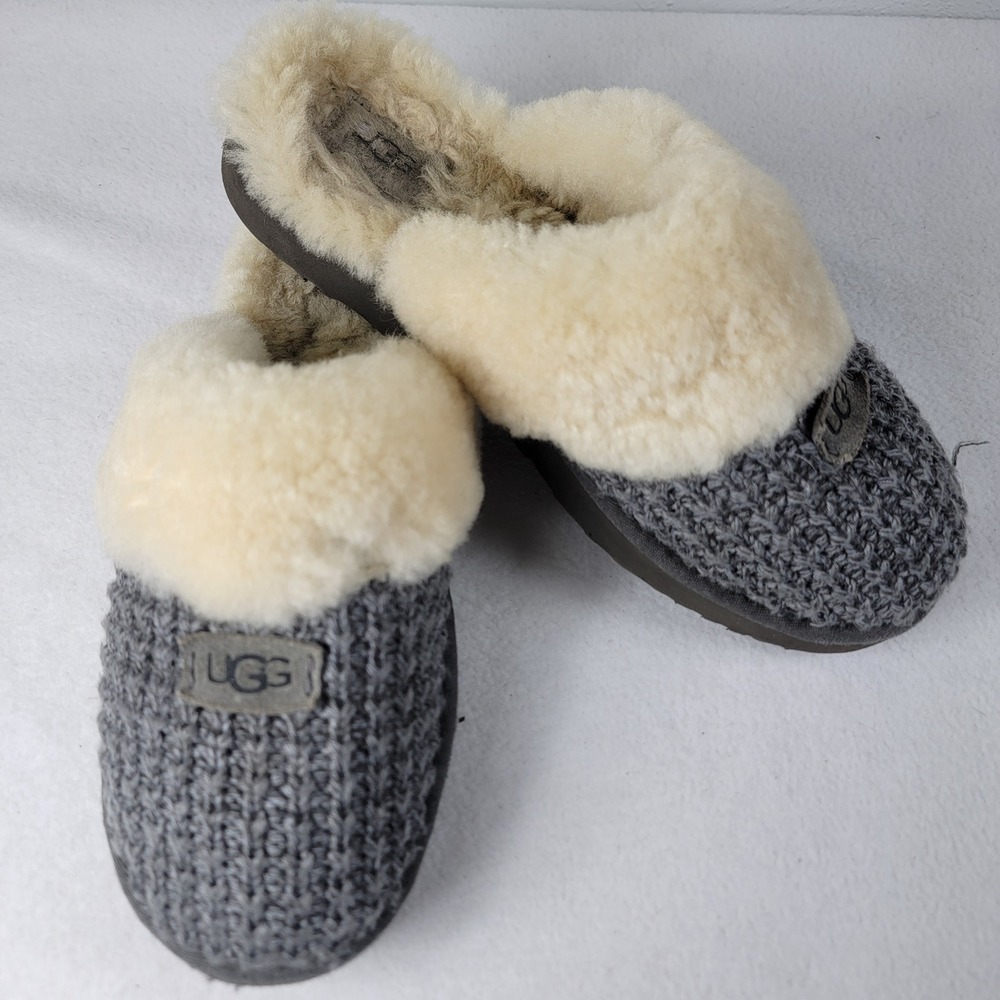 UGG Cozette Knit Slipper Slip On Slide Grey Cozy Fur Lined Comfort Womens Size 9